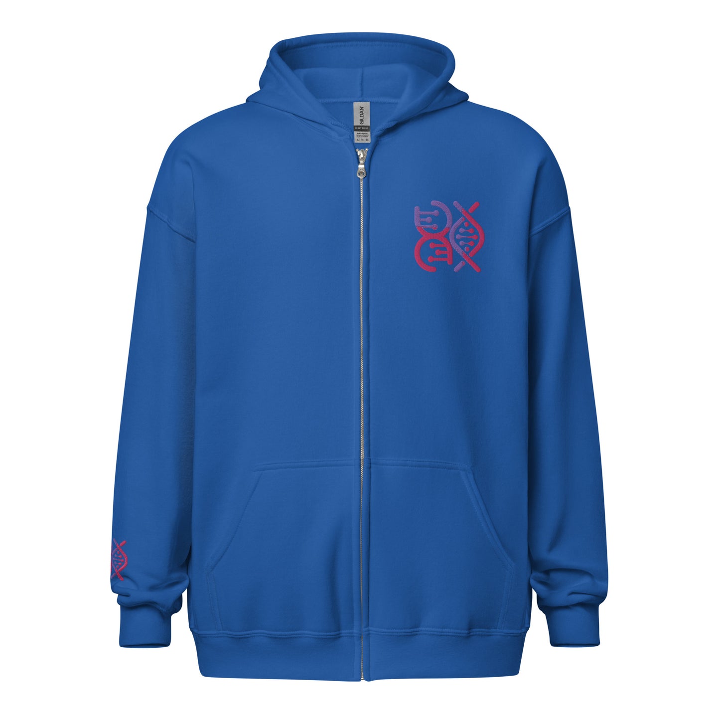 Unisex heavy blend zip hoodie with embroidered logos on chest and sleeve.