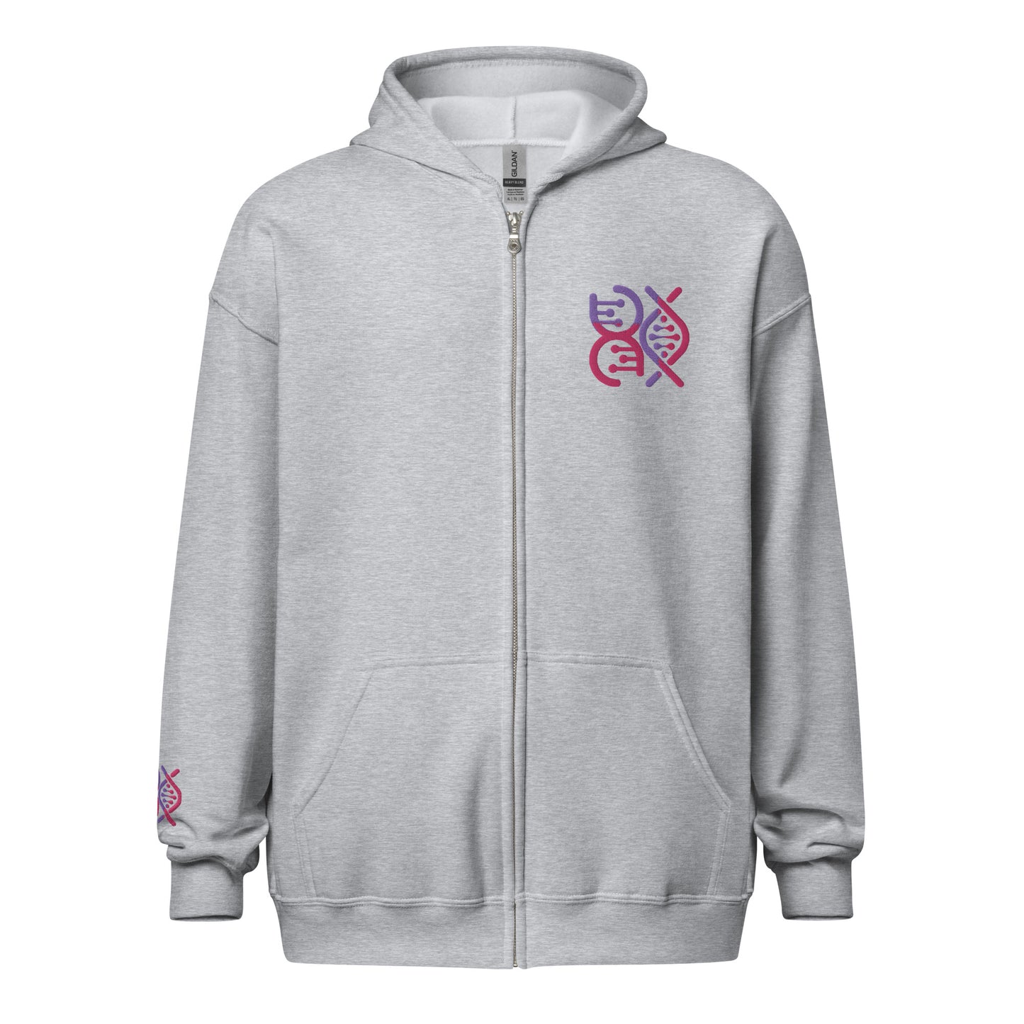 Unisex heavy blend zip hoodie with embroidered logos on chest and sleeve.